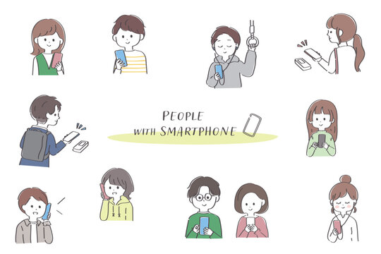 スマートフォンを利用する日本人の人々のイラストセット