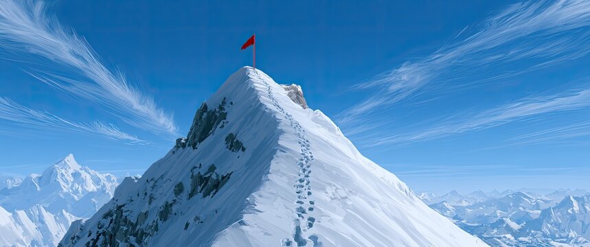 Red flag on snowy mountain peak, with boot prints ascending