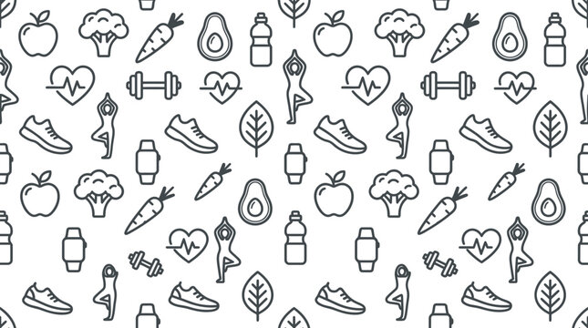 Healthy lifestyle and fitness seamless pattern with minimal outline icons