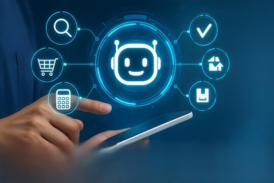 Autonomous AI shopping agent. Intelligent purchasing assistant tool. Man using e-commerce personal automation system on smartphone.