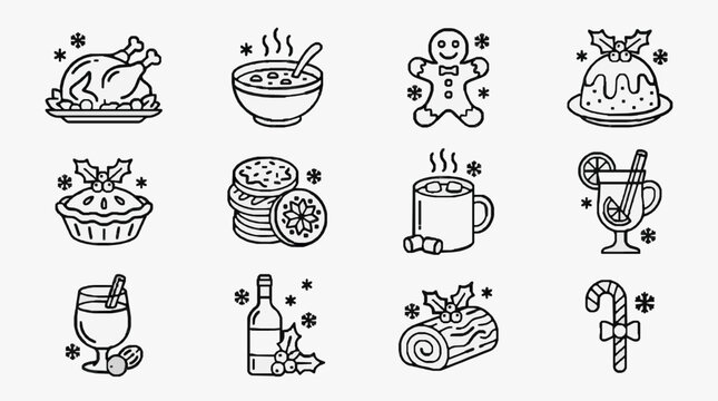 Modern Black and White Holiday Food and Drink Set with Festive Icons with high quality professional line art symbols for modern creative design and digital branding projects