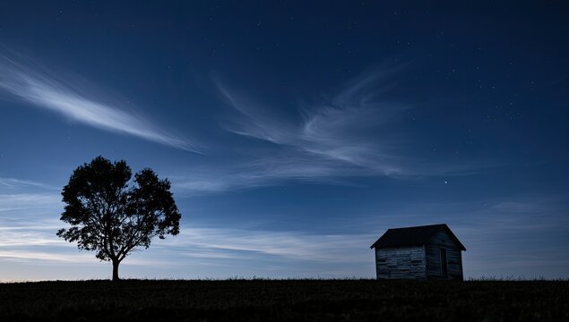 Lone tree and weathered shed under starry, moonlit sky with wispy clouds
