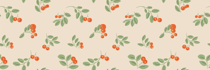 Seamless berry pattern with orange fruits and green leaves on a warm beige background. Minimal botanical design ideal for fabric, packaging, wallpaper, and stationery © incarnadine