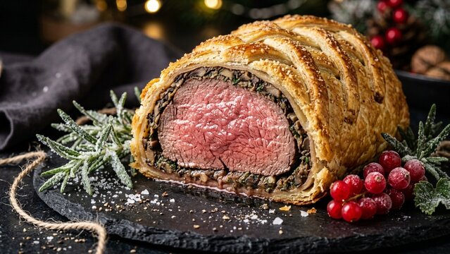 Sliced gourmet beef wellington with golden pastry on festive dark background with rosemary and red currants