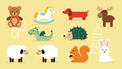 Obraz premium Collection of ten different flat children toys including a cute teddy bear, rocking horse, and various animals.