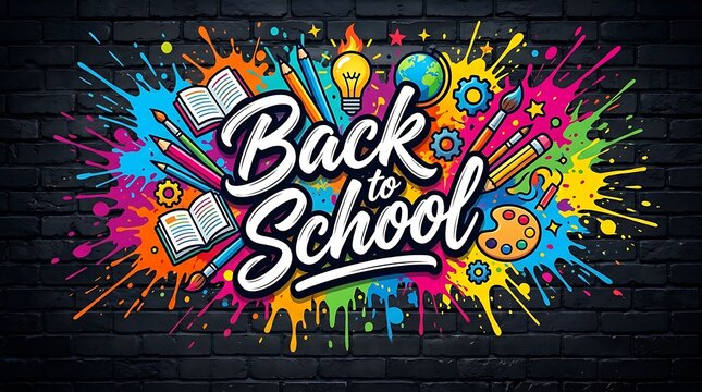 Back to school colorful graffiti style design on black brick wall