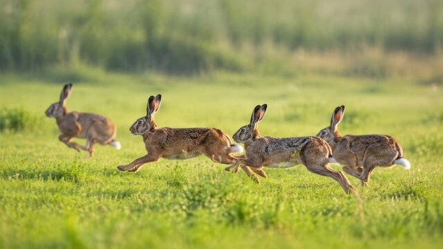 Five European brown hares running in a line across a lush green grass field with blurred trees in the background showing their long ears and powerful hind legs mid-stride