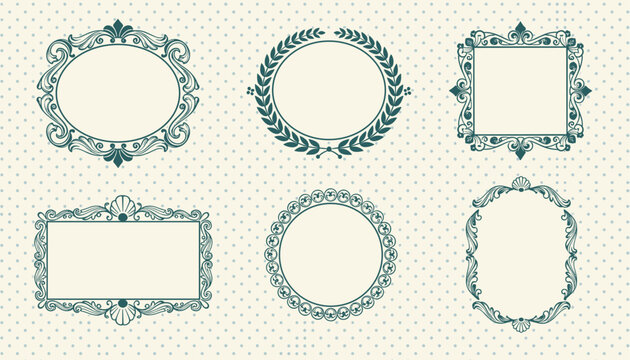 Collection of six elegant green vintage picture frames with ornate baroque details on a light dotted background.
