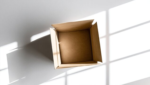 Empty cardboard box casts shadows on a bright, sunlit surface