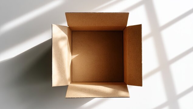 Overhead view of an empty cardboard box with light shadows