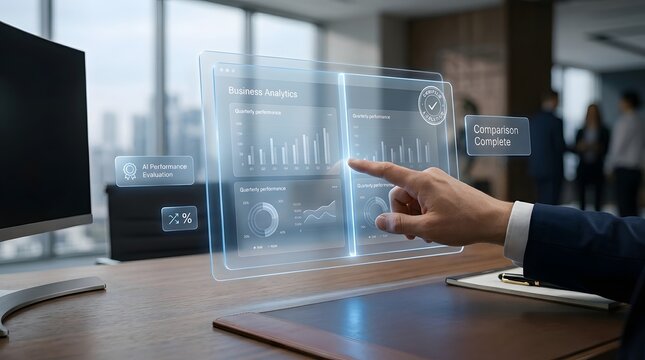 Interactive data visualization with hand pointing at business analytics dashboard on holographic screen