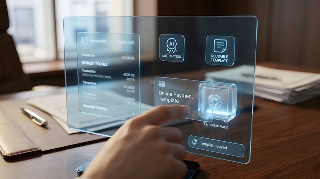 Digital payment interface with ai automation and template management system displayed on tablet