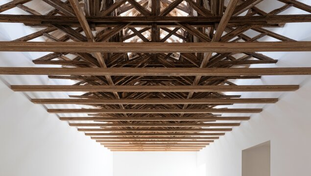 Exposed wooden roof beams create a geometric pattern in a white, minimalist space