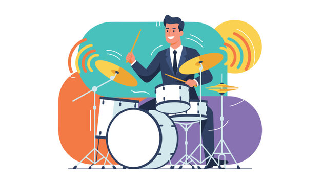 Energetic business professional in a suit enthusiastically playing a full drum set with colorful abstract background shapes.