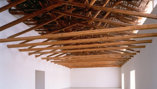 Rustic wooden beams create a complex pattern under the ceiling of a white room