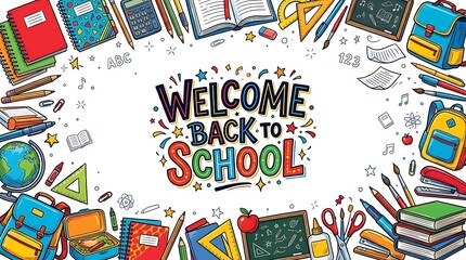 Fototapeta premium Welcome back to school banner with school supplies isolated on white background