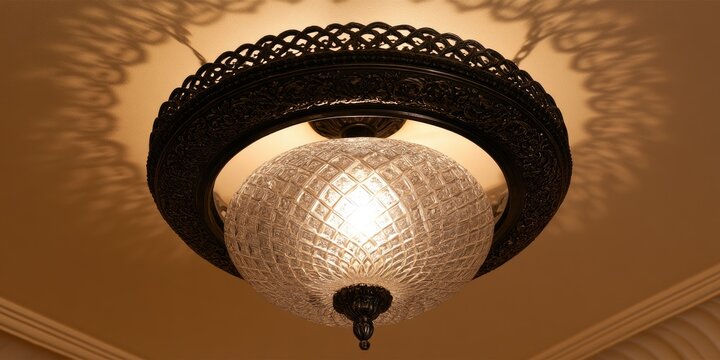 Ornate ceiling light fixture with a textured glass globe casts a decorative shadow