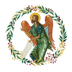 Obraz premium John Baptist (Saint John the Forerunner, John the Immerser, Prophet Yahya, John the Baptizer). Decorative vintage floral wreath, illustration in Byzantine style isolated