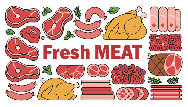 Comprehensive collection of various raw meat cuts, sausages, and poultry icons, framed under the text Fresh Meat.