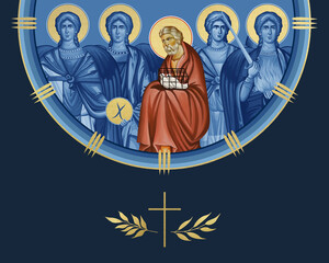 Obraz premium Righteous Joseph of Arimathea (presentation of Jesus at the temple) and four cardinal points (Archangel Gabriel, Uriel, Raphael and Michael). Illustration in Byzantine style isolated