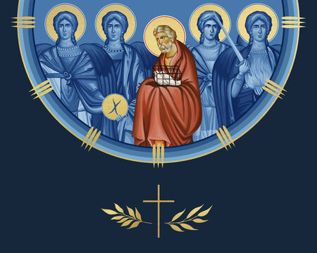 Righteous Joseph of Arimathea (presentation of Jesus at the temple) and four cardinal points (Archangel Gabriel, Uriel, Raphael and Michael). Illustration in Byzantine style isolated