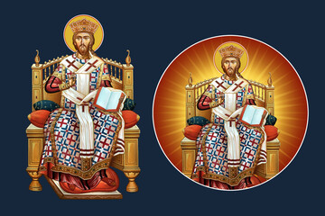Obraz premium The Jesus Christ the greatest Bishop sitting on the throne. Illustration - fresco set in Byzantine style