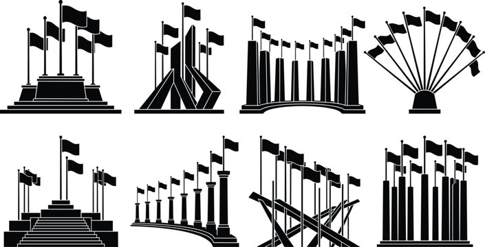 Set of black silhouettes featuring multiple flag poles, monument displays, and rows of flags for public events