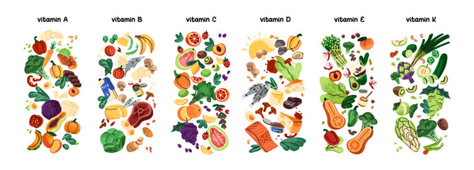 Different vitamins sources groups set. Organic fruit, vegetables, natural grocery products for nutrition. Healthy food with A, B, C, D, E, K and nutrients. Flat isolated vector illustrations on white © Paper Trident