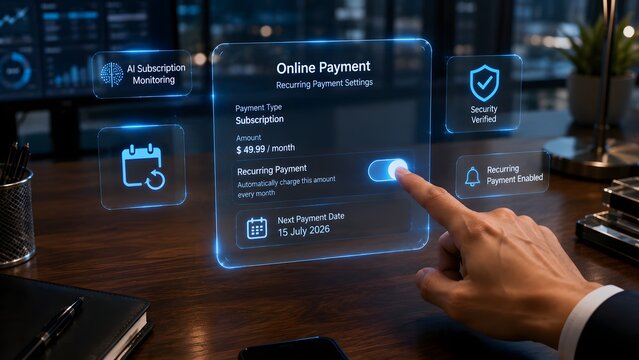 Secure online subscription payment interface with ai monitoring and recurring billing details displayed