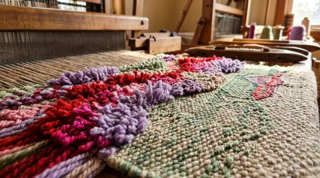 Textured weaving on a loom with colorful yarn