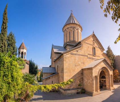 Sioni Cathedral building displaying ancient Georgian architecture on a sunny day in the historic Old Town of Tbilisi, Georgia