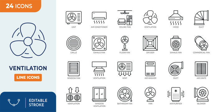 Ventilation line editable icon set. editable stroke. Vector illustration