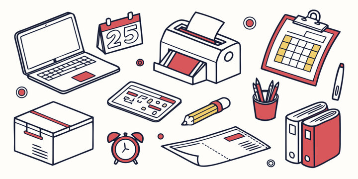Office supplies doodle set with calculator, laptop, documents, phone, and coffee cup on white background