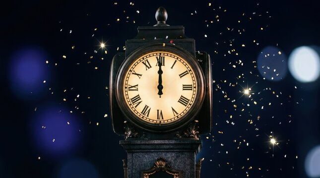 Grand clock face showing midnight with falling confetti and bokeh lights