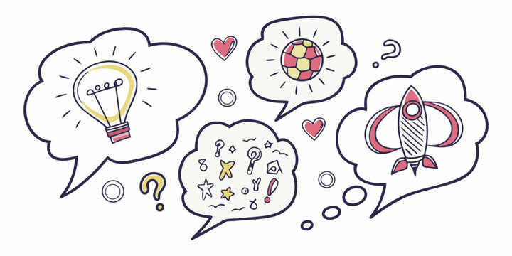 Set of 40 colorful speech bubble doodles with hearts, stars, and question marks on white background, speech bubbles