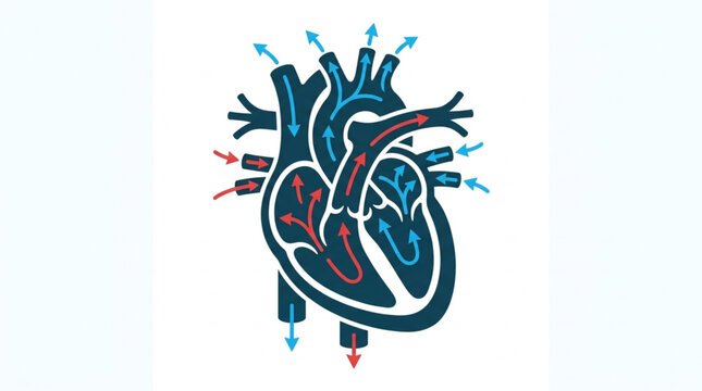 Stylized illustration of a human heart showing blood circulation with blue and red arrows against a clean white background, conveying a scientific concept