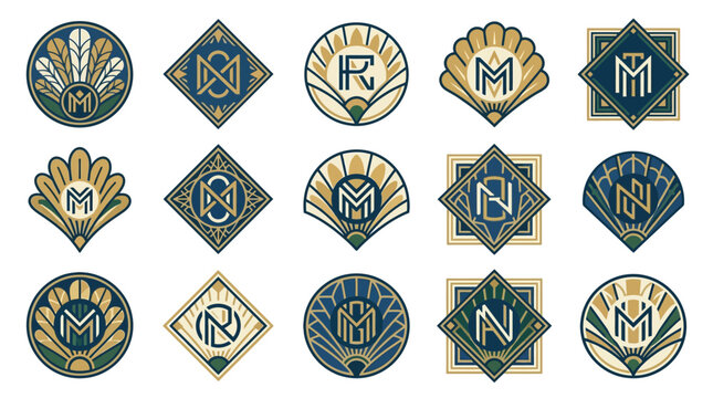 Set of Art Deco Monogram Logos and Vintage Geometric Emblems for Luxury Branding Design
