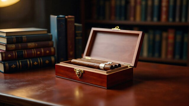Vintage wooden jewelry box on library desk with antique books