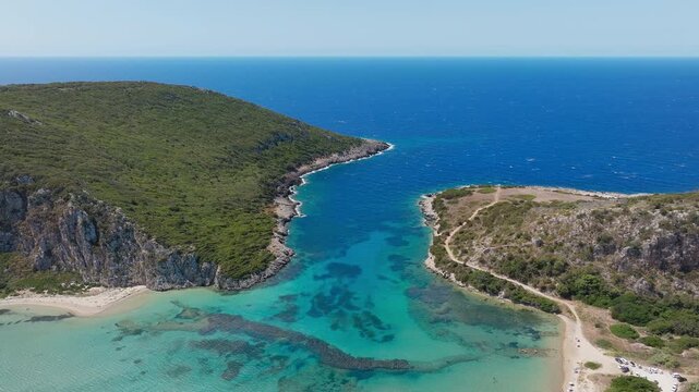 Sykia Beach near Voidokilia and Chrisi Ammos in Pilos Messinia, drone establishing dolly to mouth entrance