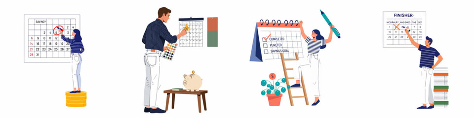 Fototapeta premium Set of illustrations featuring people managing schedules, tracking savings, and marking completed goals on calendars for financial planning and success.
