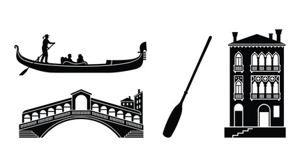 Venice Silhouette Collection Gondola Buildings Bridge And Oar Black And White © TaskinRahman