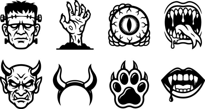 Monster face and body parts icons for horror themes and halloween decorations