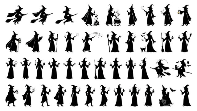 Halloween Witch Silhouette Collection Flying Broom Magic Vector Character Set