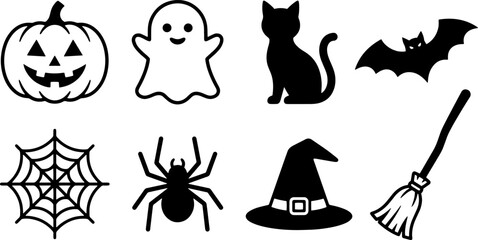 Fototapeta premium Set of eight halloween icons featuring pumpkin cat spider web and witch elements