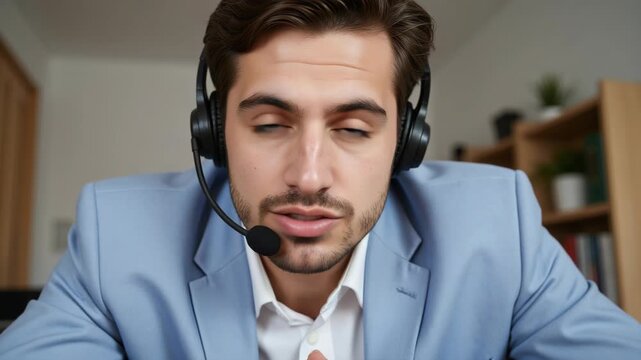 A man wearing headphones and a suit sitting at a desk. He appears to be focused on his work or waiting for an important call.
