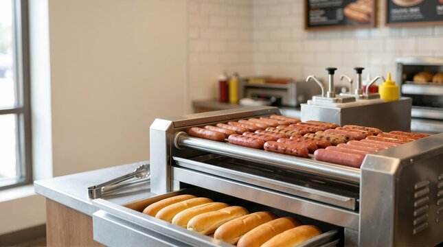 Commercial hot dog roller grill cooking sausages in a convenience store. Warming drawer filled with fresh buns below the machine. Fast food equipment