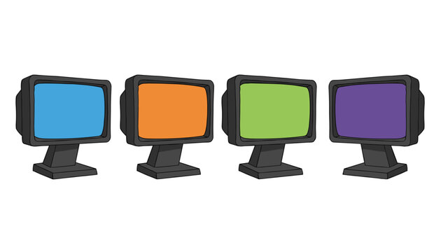 Set of four retro style computer monitors with different colored screens arranged in a row against a clean white background.