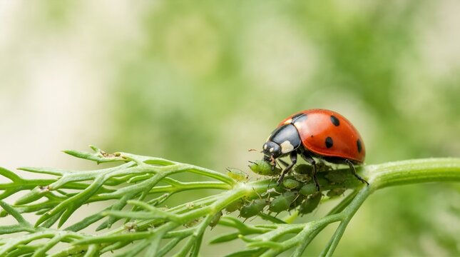 Macro close up of red ladybug eating green aphids on an herb stem. Natural pest control in organic garden. Beneficial insect feeding on plant pests