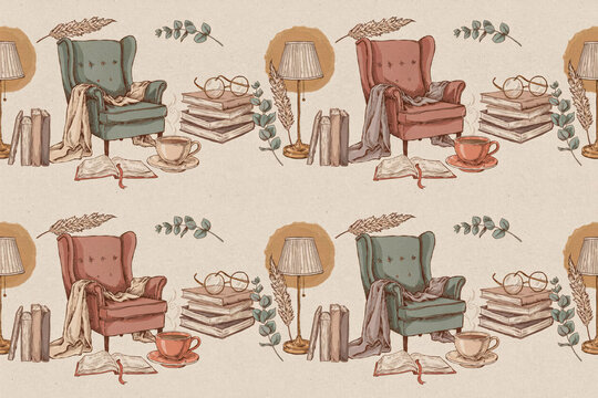Cozy reading nook seamless pattern with armchairs, stacks of books, reading lamps, tea cups, and eucalyptus branches on cream background