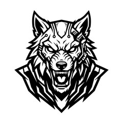 Fototapeta premium Aggressive bionic wolf head with mechanical armor plates.